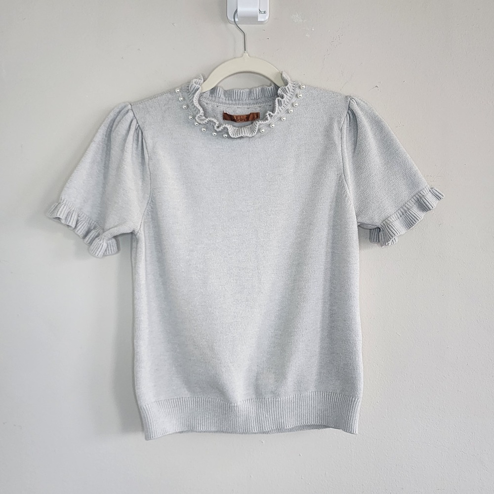 Womens Pearl Trim Neckline Knit Top Large Coquette Quiet Luxury Old Money Fairy